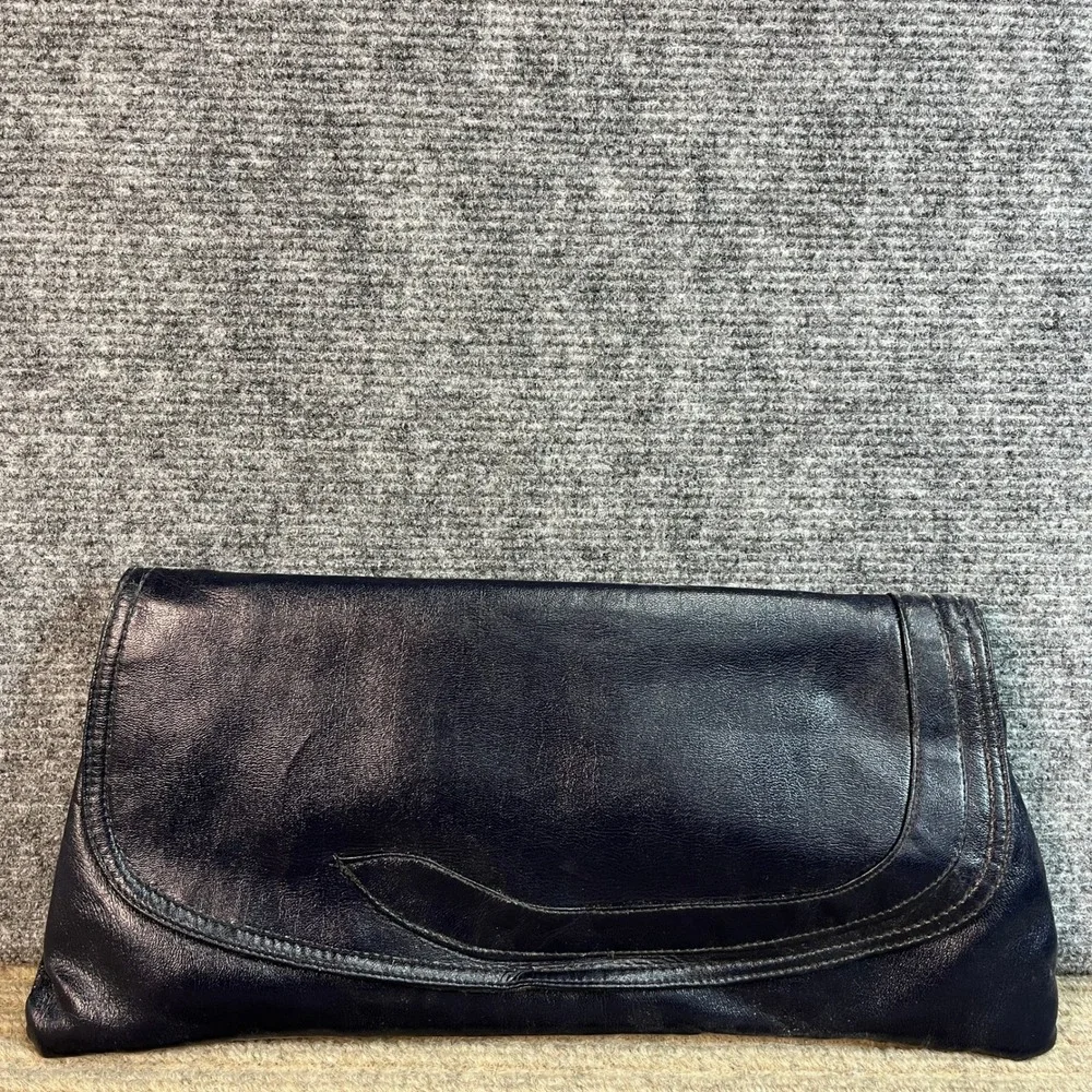 Vintage Navy Blue Leather Envelope Clutch Minimalist Evening Handbag Midnight